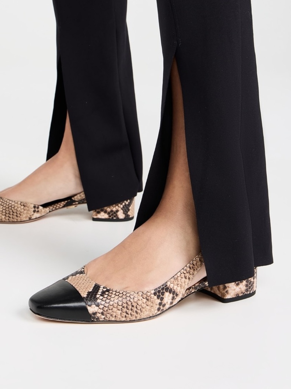 Veronica Beard Snake Print Leather Cap Toe Flats in Black and Beige